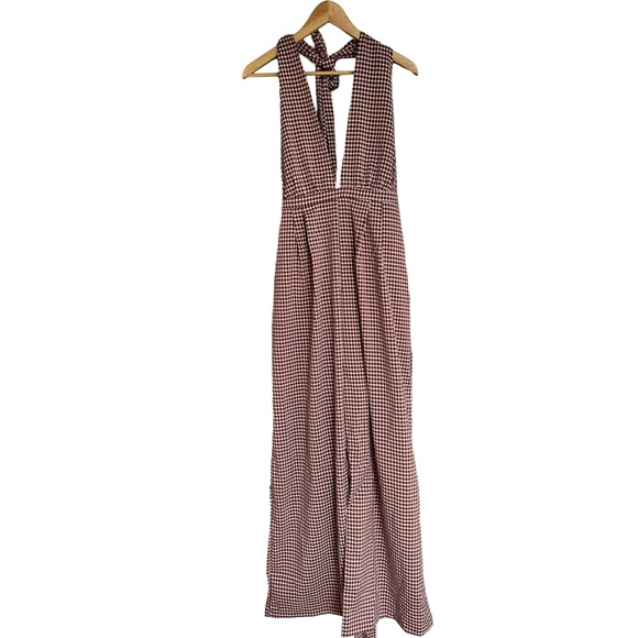 Cider Brown Gingham Plunge V-Neck One Piece Wide Leg Pantsuit Jumpsuit Size XL - Picture 11 of 16